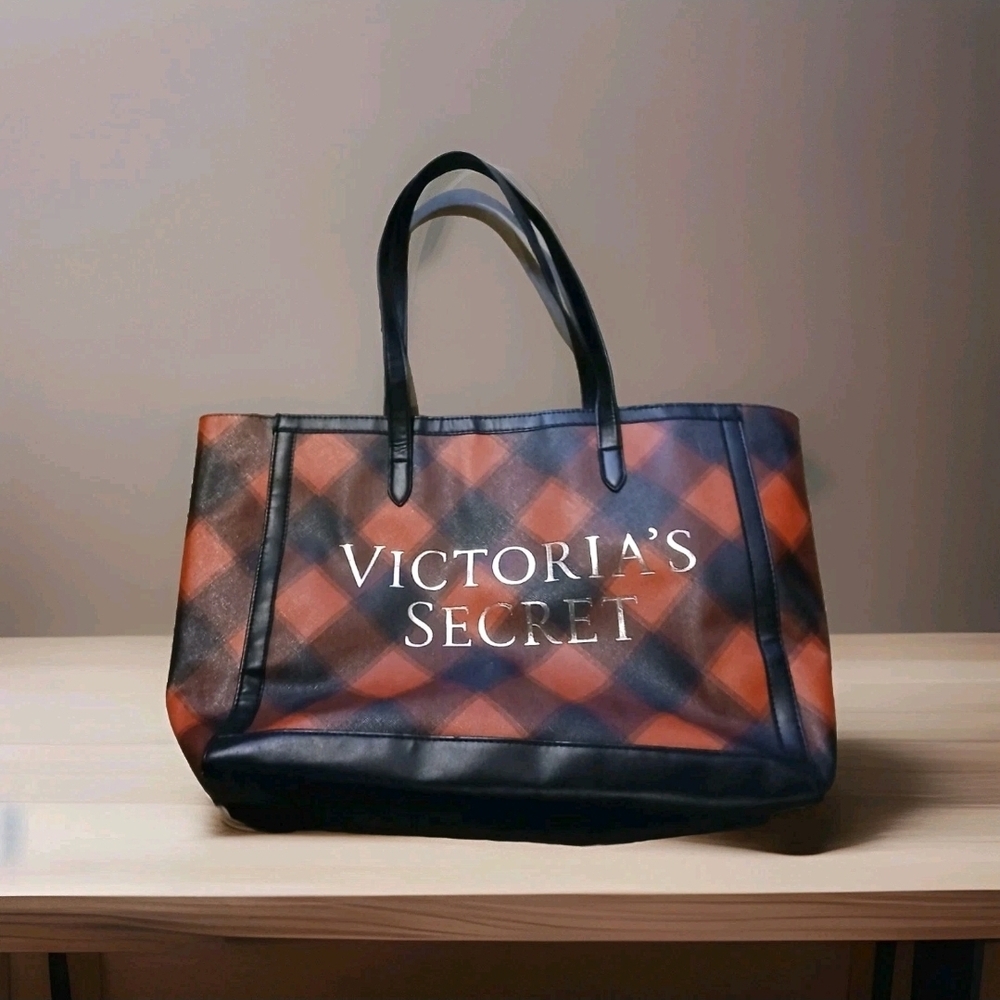 Victoria's Secret Black and Orange Plaid Tote